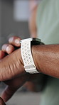 Exercise, hands and smart watch with man in gym for performance, progress on tracking app. Timer, fitness and digital tech with athlete person in health club for training, wellness or routine