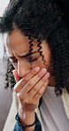 Cough, sick and woman in home, tired and burnout with disease, healing and illness. Influenza , symptoms or person in lounge, blanket and rest for recovery, exhausted and fatigue with bacteria or flu