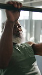 Black man, pull up and training with bar at gym for exercise, strength fitness and sports challenge. Mature person, equipment or intense workout for bodybuilding, physical activity and strong muscles
