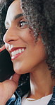 Phone call, funny and woman in lounge, conversation and digital app for communication. Happy, mobile user and person in home, laughing and tech for online chatting, smile and talking to contact