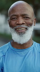 Happy, fitness and face of black man outdoor with workout, training or wellness in morning. Health, sports and portrait of mature African male person in park for exercise, running or active challenge