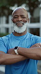 Face, exercise and black man in city, arms crossed and fitness for workout challenge. Mature person, athlete or runner with pride, endurance and training for health benefits or commitment to routine