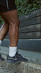 Cardio, outdoor and fitness for legs, stairs and getting ready for workout routine, feet and balance. Person, step ups and exercise for body strength, wellness and active for muscle development