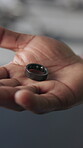 Hand, digital and smart ring for fitness, series and tech to measure heart rate and virtual reality. Gym, wellness and person with equipment for stats, online and tracking body temperature for health