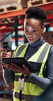 Logistics, woman and scanner in warehouse with tablet,  inventory management and track order picking. Black person, scan stock and typing in depot with tech, report and verification for supply chain.
