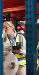 Woman, inspection and logistics in warehouse with tablet, website or checklist for quality control. Supply chain, person and check stock by shelf with tech, inventory management or compliance report.