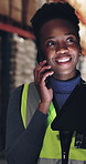 Tablet, phone call and black woman in warehouse for logistics schedule, shipping or stock update. Tech, distribution or happy worker speaking to contact, inventory order or supply chain management