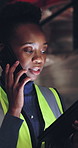 Tablet, phone call and black woman in warehouse for distribution schedule, shipping or stock update. Technology, logistics and worker speaking to contact, inventory order or supply chain management