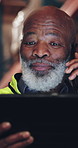 Tablet, phone call or black man in warehouse for distribution schedule, shipping or stock update. Tech, logistics and mature supervisor speaking to contact, inventory order or supply chain management