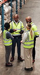 Logistics, discussion or team at warehouse with tablet, schedule review or stock control for shipping. Above, people or courier staff with tech, inventory management or coordination in supply chain.