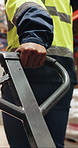 Logistics, walking or hand with trolley in warehouse, shipment import or export package for delivery. Freight, supply chain or person with moving cargo for storage, distribution or pull pallet jack