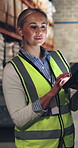 Supervisor, woman and inspection in warehouse with tablet, review or stock count to track order picking. Person, evaluation or checklist for inventory management, supply chain and tech for logistics.