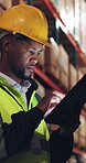 Logistic, review or black man in warehouse with tablet, order track or inventory management of shipment. Distribution, digital or supplier with tech, cargo backlog or online checklist in supply chain