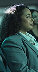 Listening, business and woman at finance expo, audience for economy info or career development. Choice, industry planning or person in workshop, trading seminar or international event with reflection