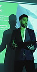 Businessman, presentation and tablet in conference with projector, advice and tips for sustainability. Person, workshop and speaking in seminar with tech, eco friendly goals or social responsibility.