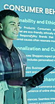 Businessman, speaking and tablet in seminar with projector, presentation and tips for consumer behavior. Person, pitch and tech in trade show for customer decision making, ethics and sustainability.
