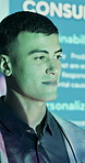 Businessman, presentation and speaker in seminar with projector, advice or tips for consumer behavior. Person, workshop and talk in conference for customer decision making, economy and market trends.