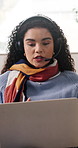 Headset, laptop and remote work with woman in home living room for feedback, solution or support. Computer, customer service and explain with person in apartment for video call or virtual assistance