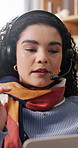 Laptop, remote work and support with woman in home living room for explain, feedback or solution. Computer, customer service and headset with person in apartment for video call or virtual assistance