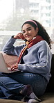 Face, remote work and woman on sofa with laptop, smile and fashion magazine editor with research. Portrait, freelancer and person with computer in home for style article, typing and creative editing