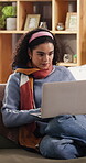 Planning, laptop or woman in home for remote work, marketing campaign idea or review proposal draft. Reading, freelancer or person with pc for brand project research, copywriting or creative process
