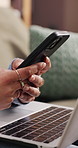 Hands, phone and remote work in home with laptop, typing text message or feedback for email marketing. Freelancer, woman and draft newsletter with computer, social media or mobile app for advertising