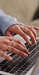 Woman, hands and remote work in home with laptop, typing report or online research for email marketing. Freelancer, person and draft newsletter in house with computer, plan or website for advertising
