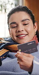 Credit card, ecommerce and phone with woman in home living room for transaction or transfer. App, online shopping and purchase with happy customer in apartment for account, service or subscription