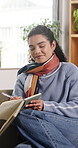 Relax, writing or woman with notebook on sofa, gratitude journal or morning routine for introspection. Smile, self reflection or person with diary for daily appreciation entry, mental health or home