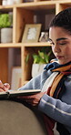 Relax, writing or woman with notebook on couch, gratitude journal or morning routine for introspection. Smile, self reflection or person with diary for daily appreciation entry, mental health or home