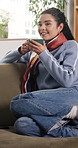 Thinking, satisfaction or woman on sofa with coffee, comfort or morning mindfulness on weekend break. Unwind, drink or person in house with beverage, peaceful perspective or gratitude at start of day