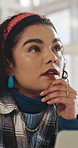 Thinking, woman and serious with laptop in business, content writer and plan for blog post with info. Creative, decision and person with tech for seo research, flare and email marketing on website