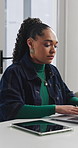 Woman, typing and creative with laptop in office, content writer or research for blog post with info. Business, seo and happy person with tech for article, serious and email marketing on website
