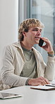 Business, phone call and creative man in office for article, blog post or communication with contact. Mobile, content writer and person in workplace for talking, story and social media question