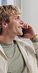 Smile, speaking and man with phone call in creative agency, manuscript feedback and project update. Mobile, draft revision tips or screenwriter with production budget negotiation, story pitch or talk