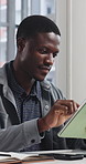 Business, black man and reading with tablet in office for research, proofreading and article post. Editor, scroll and draft update with digital, editing grammar and copywriting report of submission