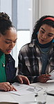 Review, planning or people with document in creative agency, brand research or ideas for engagement. Laptop, discussion or women brainstorming for campaign development, marketing strategy or proposal