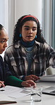 Laptop, planning or people with paperwork in creative agency, brand research or ideas for engagement. Pc, discussion or women with brainstorming for campaign development, marketing strategy or review