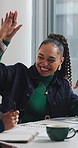 Happy woman, team and documents with high five in office for success or project deadline. Female person, colleagues or smile with touch or paperwork for winning, well done or congratulations at work