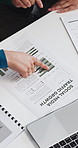 Business people, hands and pointing with documents for social media traffic or growth in office. Top view, employees or paperwork with statistics, graph or chart for performance review in workplace