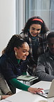 Creative, people and review in office with laptop, stats and online insights for marketing campaign. Team, discussion and data analysis in business with computer, graphs and research for advertising.