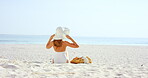Holiday, back and woman with hat on beach for summer getaway, sunbathing and explore nature. Space, person and sunhat at seaside for tropical vacation, sightseeing destination and fresh air with view