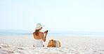 Woman, texting and vacation with phone at beach, mockup space or communication with contact on break. Ocean, travel and person with mobile for chat, outdoor and networking on social media and holiday