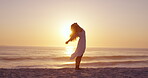 Waves, sunset and freedom with woman at beach for summer vacation, tropical island and travel. Holiday getaway, weekend break and peace with person outdoor for wellness, ocean and paradise space
