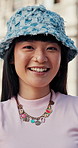 College, face or woman on campus with smile, knowledge or scholarship in study opportunity. Happy, education or student outdoor with confidence, university funding or pride in academic development.
