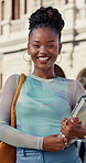 College, face or student on campus with book, knowledge or scholarship in study opportunity. Smile, education or woman outdoor with confidence, university funding or pride in academic development.