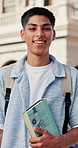 College, face or man on campus with textbook, knowledge or biology scholarship in study opportunity. Happy, portrait or student with confidence, development or university funding in science education