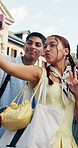 Students, selfie and peace sign at university with smile, bonding and memories for higher education. Happy, people and friends outdoor at college with emoji, diversity or photography for social media