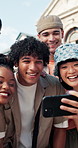 Happy, students and friends at college with selfie, bonding together or memories for higher education. People, smile and outdoor at university with learning, diversity or photography for social media