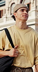 Walking, thinking and man with backpack on campus, academic course and learning for education. Smile, reflection and college student with studying for knowledge, class journey or scholarship vision